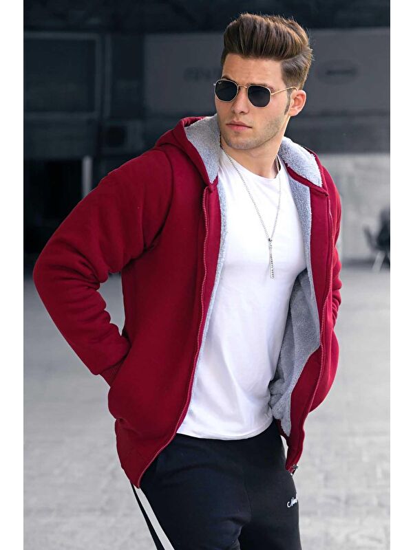 Madmext İçi Kürklü Bordo Erkek Fermuarlı Sweatshirt Hırka 22377