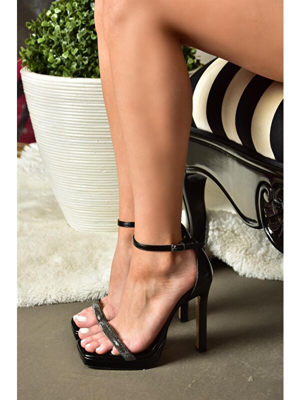 P569112359 Siyah Suni Deri Kumaş Tek Bant Taşlı Abiye Ayakkabı - Görsel 4