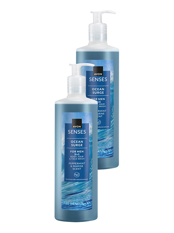 AVON Senses Ocean Surge Nane ve Deniz Kokulu Saç ve Vücut için Erkek Duş Jeli 720 Ml. İkili Set