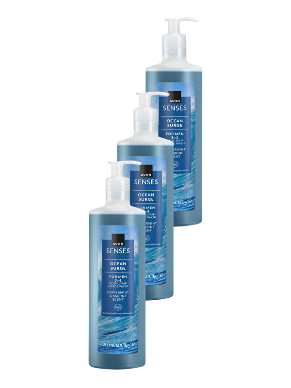 AVON Senses Ocean Surge Nane ve Deniz Kokulu Saç ve Vücut için Erkek Duş Jeli 720 Ml. Üçlü Set