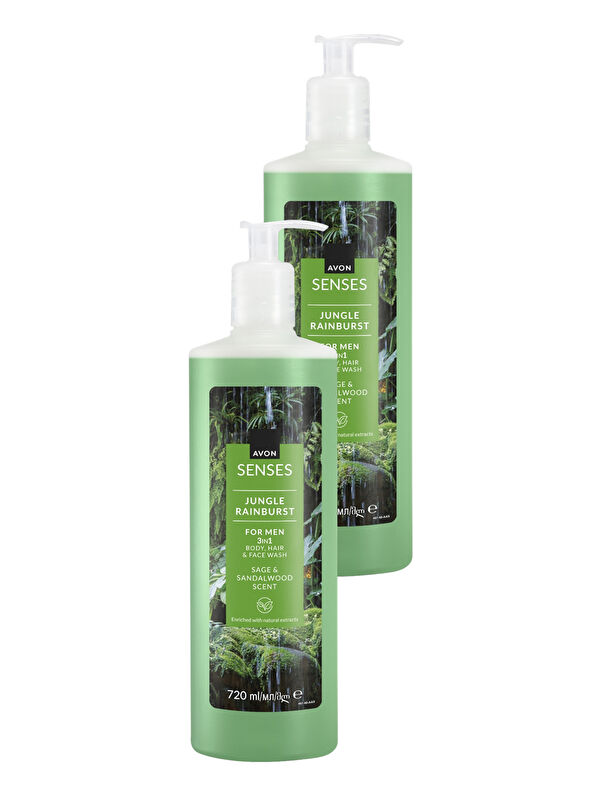 AVON Jungle Rainburst Adaçayı ve Sandal Ağacı Kokulu Erkek Saç ve Vücut Şampuanı 720 Ml. İkili Set
