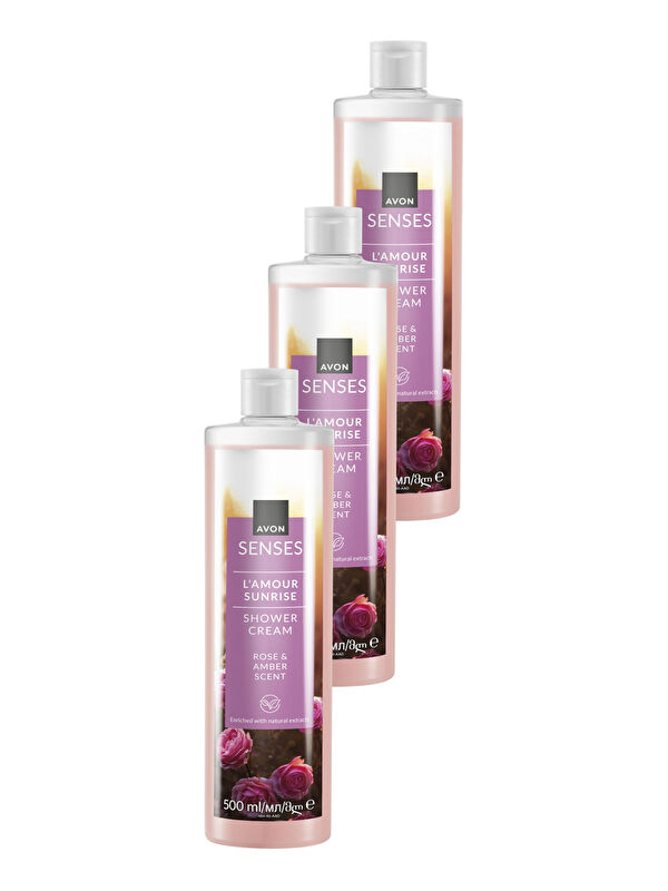 AVON Senses L'amour Sunrise Gül ve Amber Kokulu Krem Duş Jeli 500 Ml. Üçlü Set