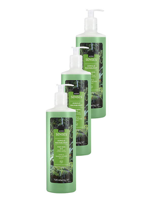 AVON Jungle Rainburst Adaçayı ve Sandal Ağacı Kokulu Erkek Saç ve Vücut Şampuanı 720 Ml. Üçlü Set