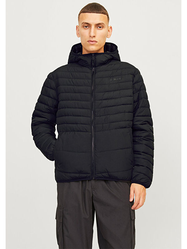 Jack & Jones State Parçaable Puffer Hood Erkek Siyah Kapüşonlu Şişme Mont