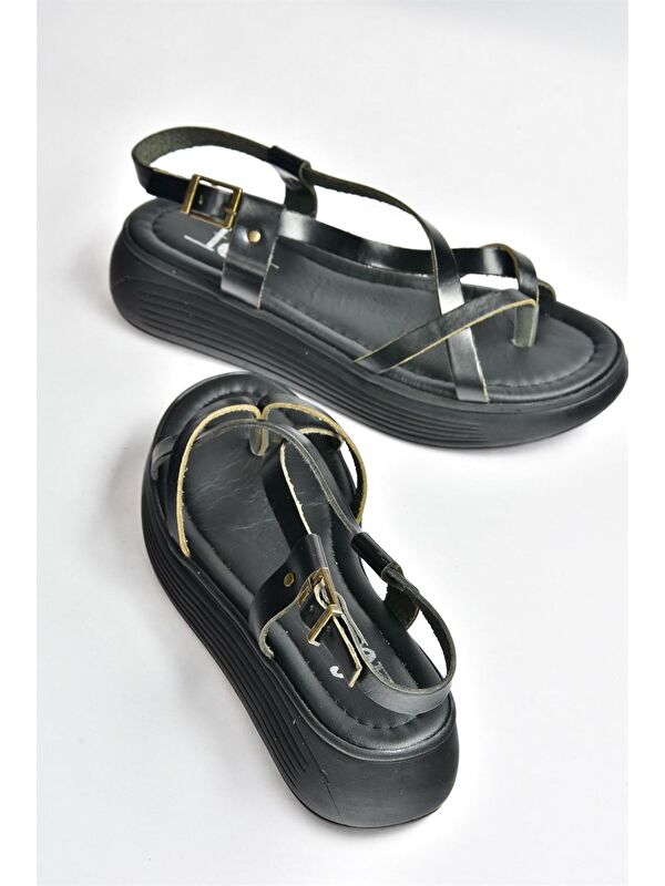 Siyah Hakiki Deri Parmak Arası Kadın Sandalet M291050703 - Görsel 4
