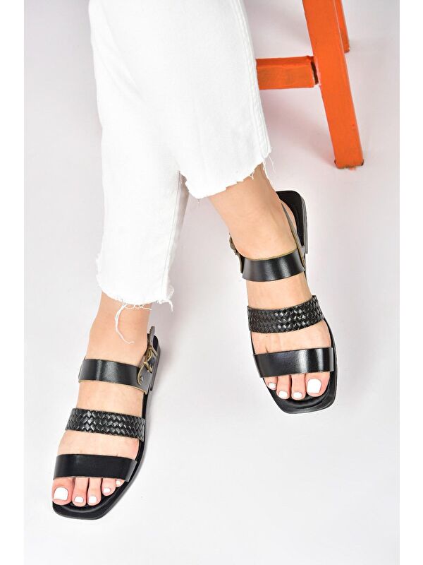 Siyah Hakiki Deri Kalın Bantlı Günlük Kadın Sandalet M291042603 - Görsel 3