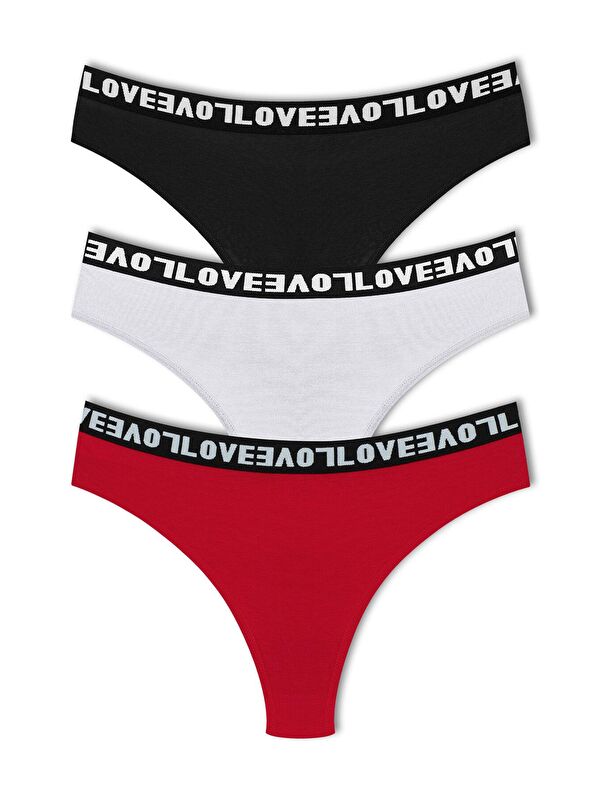 Hnx Pamuklu Arkası Dantel LOVE Lastik Tanga Kadın Külot 3'lü