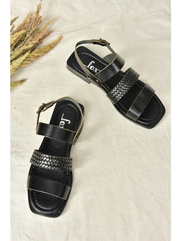 Siyah Hakiki Deri Kalın Bantlı Günlük Kadın Sandalet M291042603 - Görsel 6