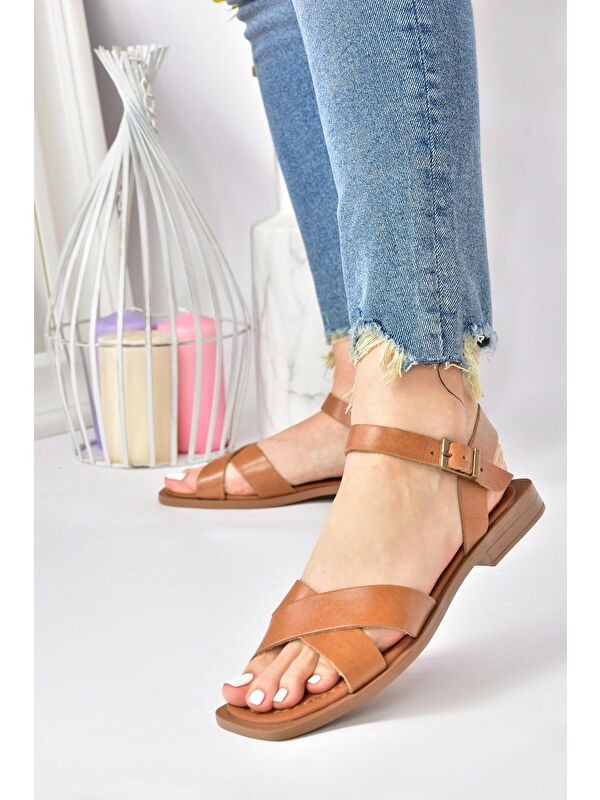 Taba Hakiki Deri Çapraz Bantlı Günlük Kadın Sandalet M291041503 - Görsel 5