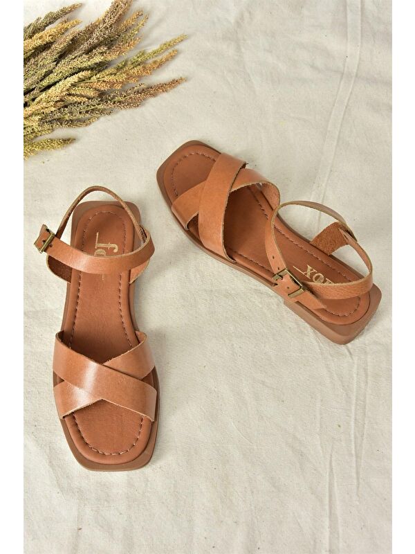 Taba Hakiki Deri Çapraz Bantlı Günlük Kadın Sandalet M291041503 - Görsel 6