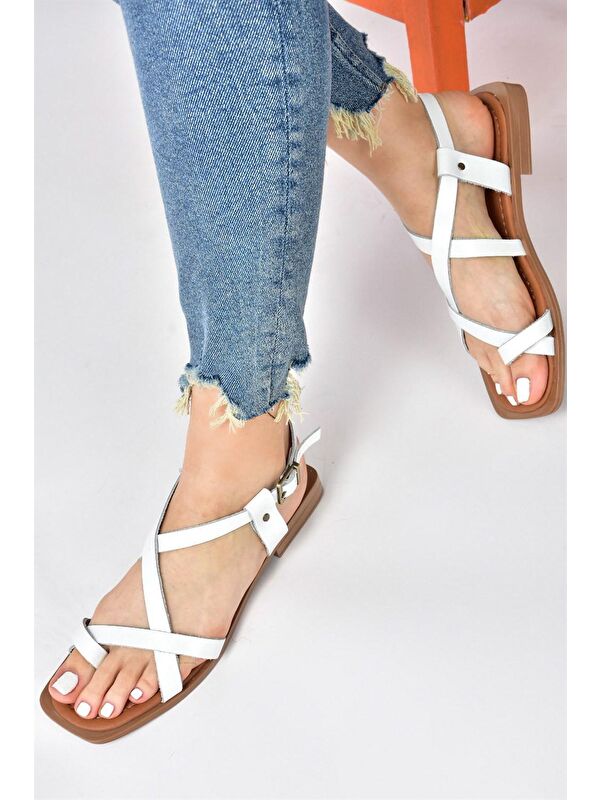 Beyaz Hakiki Deri Parmak Arası Kadın Sandalet M291841203 - Görsel 5