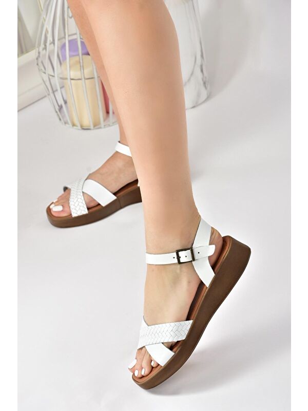 Beyaz Hakiki Deri Çapraz Bantlı Günlük Kadın Sandalet M291031503 - Görsel 4