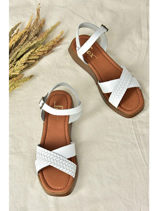 Beyaz Hakiki Deri Çapraz Bantlı Günlük Kadın Sandalet M291031503 - Görsel 5