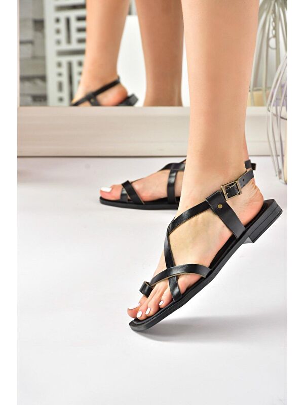 Siyah Hakiki Deri Parmak Arası Kadın Sandalet M291841203 - Görsel 3