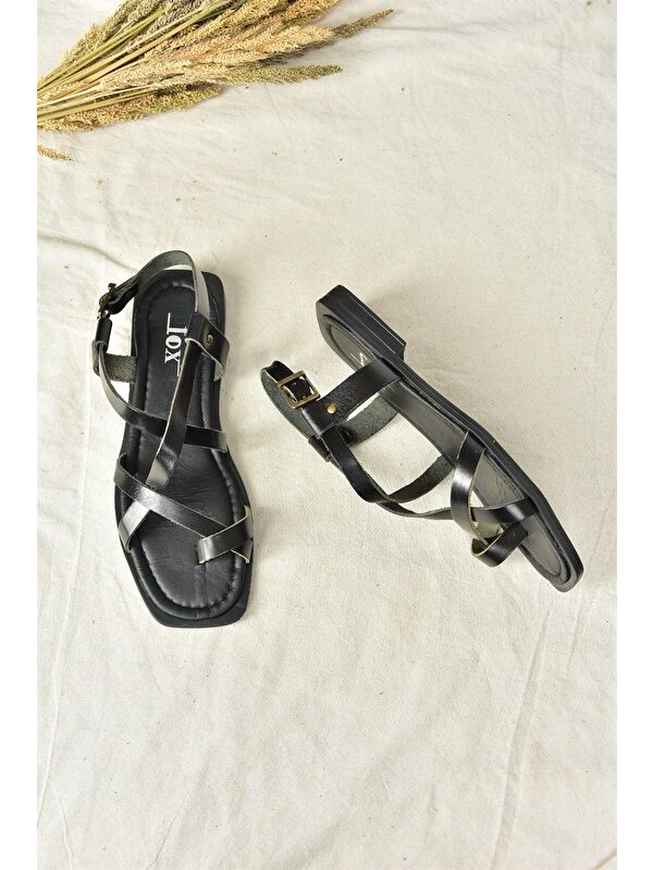 Siyah Hakiki Deri Parmak Arası Kadın Sandalet M291841203 - Görsel 5