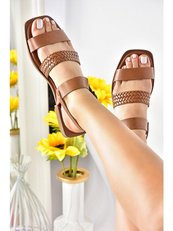 Taba Hakiki Deri Kalın Bantlı Günlük Kadın Sandalet M291042603 - Görsel 2