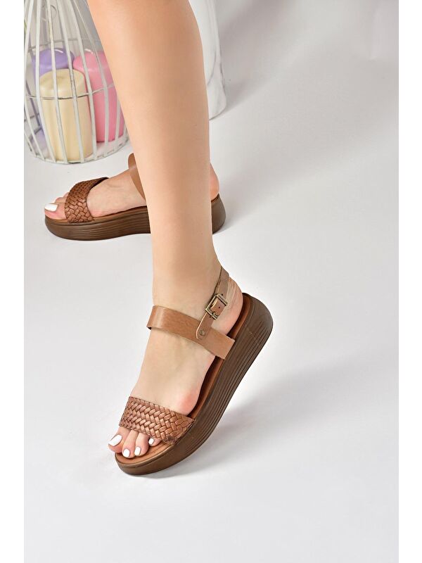 Taba Hakiki Deri Örgü Modelli Günlük Kadın Sandalet M291053603 - Görsel 3