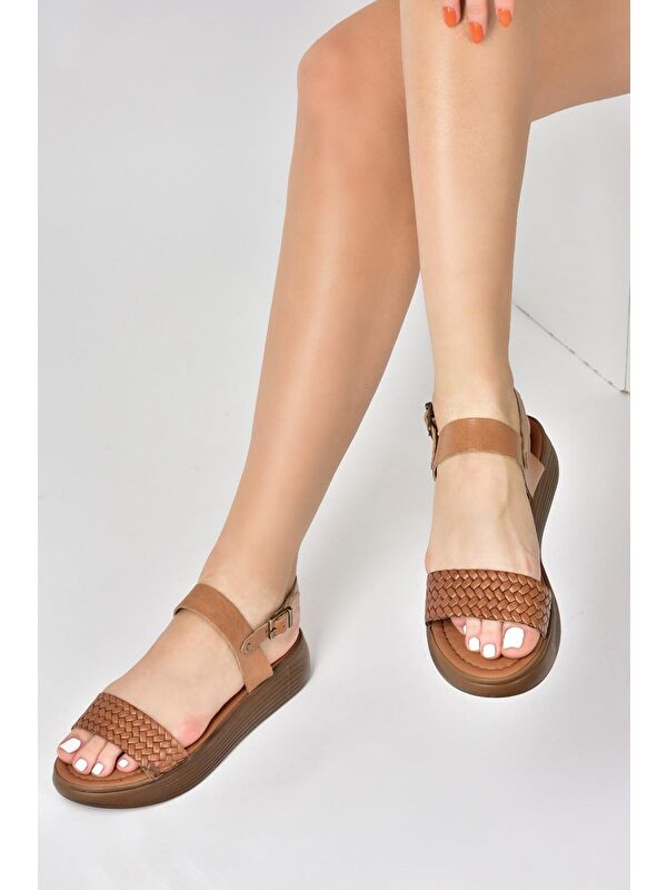 Taba Hakiki Deri Örgü Modelli Günlük Kadın Sandalet M291053603 - Görsel 4