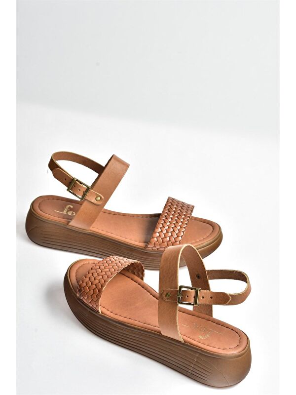Taba Hakiki Deri Örgü Modelli Günlük Kadın Sandalet M291053603 - Görsel 5