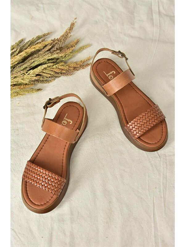 Taba Hakiki Deri Örgü Modelli Günlük Kadın Sandalet M291053603 - Görsel 6