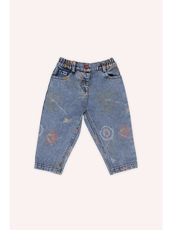 Panço Kız Bebek Desenli Mavi Jean Pantolon
