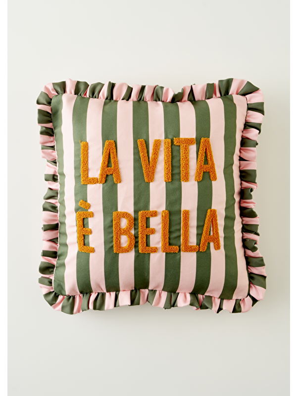 Bella Maison %100 Pamuk Line Punchlı Fırfırlı Kırlent Kılıfı Yeşil (43x43 cm)