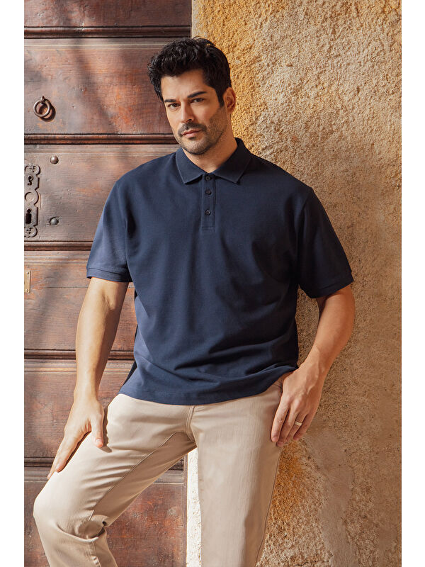 AC&Co / Altınyıldız Classics Erkek Prusya Lacivert Slim Fit Dar Kesim Polo Yaka %100 Pamuk Kısa Kollu Tişört
