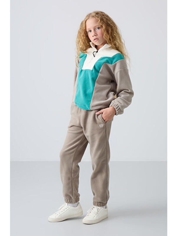 Tommylife Koyu Bej Kalın Yumuşak Dokulu Standart Fit Nakışlı Polar Kız Çocuk Eşofman Alt - 75155