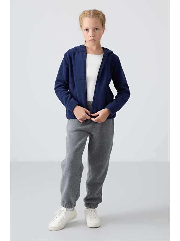 Tommylife İndigo Kalın Yumuşak Dokulu Standart Fit Nakışlı Polar Kız Çocuk Sweatshirt - 75152