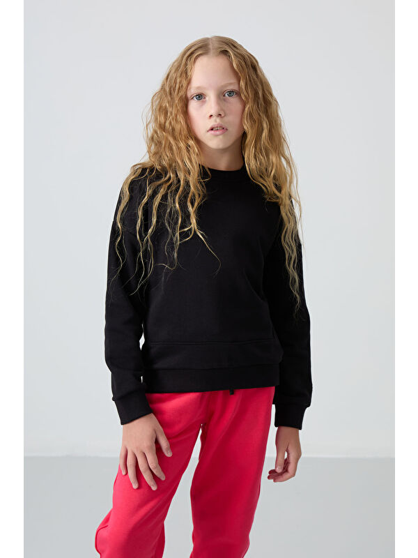 Tommylife Siyah Pamuklu İçi Tüylü Yumuşak Dokulu Oversize Nakışlı Kız Çocuk Sweatshirt - 75150