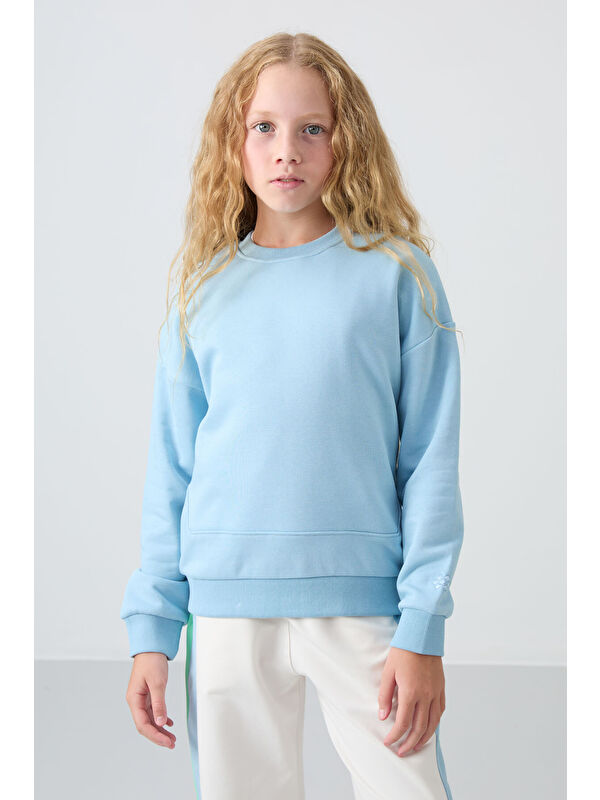 Tommylife Açık Mavi Pamuklu İçi Tüylü Yumuşak Dokulu Oversize Nakışlı Kız Çocuk Sweatshirt - 75150