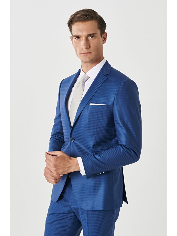 Altınyıldız Classics Erkek Mavi Eksta Slim Fit Dar Kesim Mono Yaka Kareli Mavi Takım Elbise