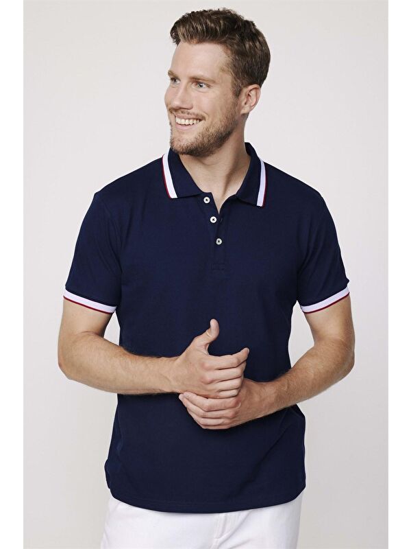 TUDORS Erkek Polo Yaka Slim Fit Yaka ve Kol Şeritli Pike Lacivert Tişört