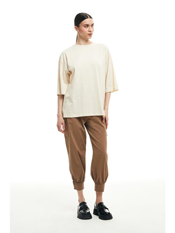 QUZU Truvakar Kol Basic Oversize Tişört Bej