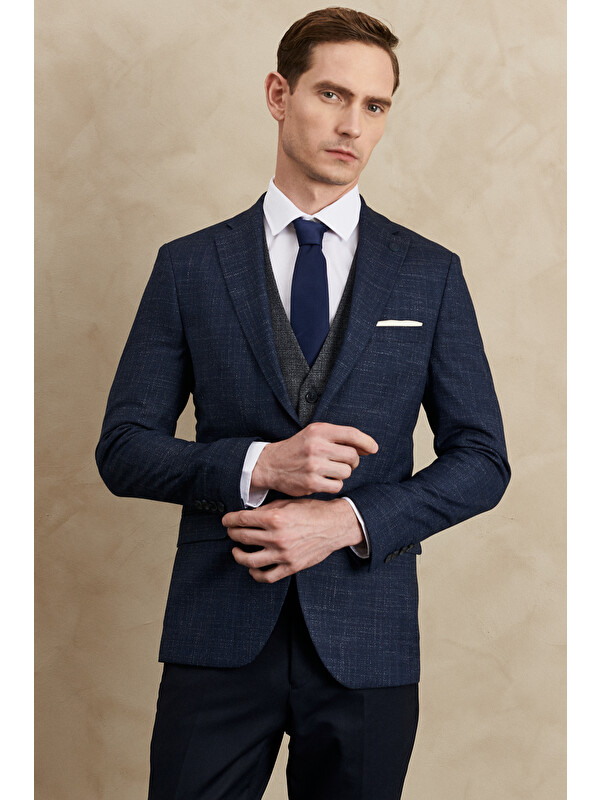 Altınyıldız Classics Erkek Lacivert Slim Fit Dar Kesim Mono Yaka Desenli Yelekli Takım Elbise