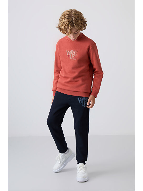 Tommylife Kiremit-Lacivert Pamuklu Kalın İçi Tüylü Yumuşak Dokulu Standart Fit Baskılı Erkek Çocuk Eşofman Ta