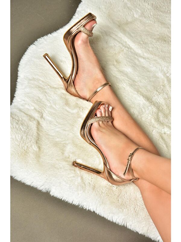 P569112359 Bronz Suni Deri Kumaş Tek Bant Taşlı Abiye Ayakkabı - Görsel 2