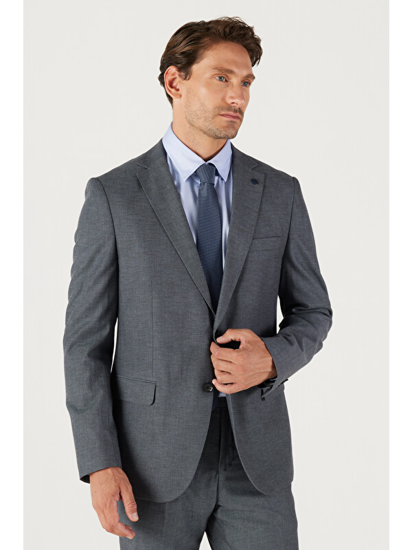 Altınyıldız Classics Erkek Antrasit Slim Fit Dar Kesim Mono Yaka Armürlü Klasik Takım Elbise
