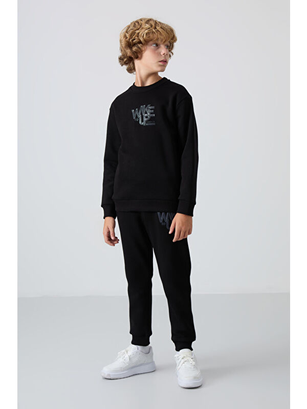 Tommylife Siyah Pamuklu Kalın İçi Tüylü Yumuşak Dokulu Standart Fit Baskılı Erkek Çocuk Eşofman Takım - 11253