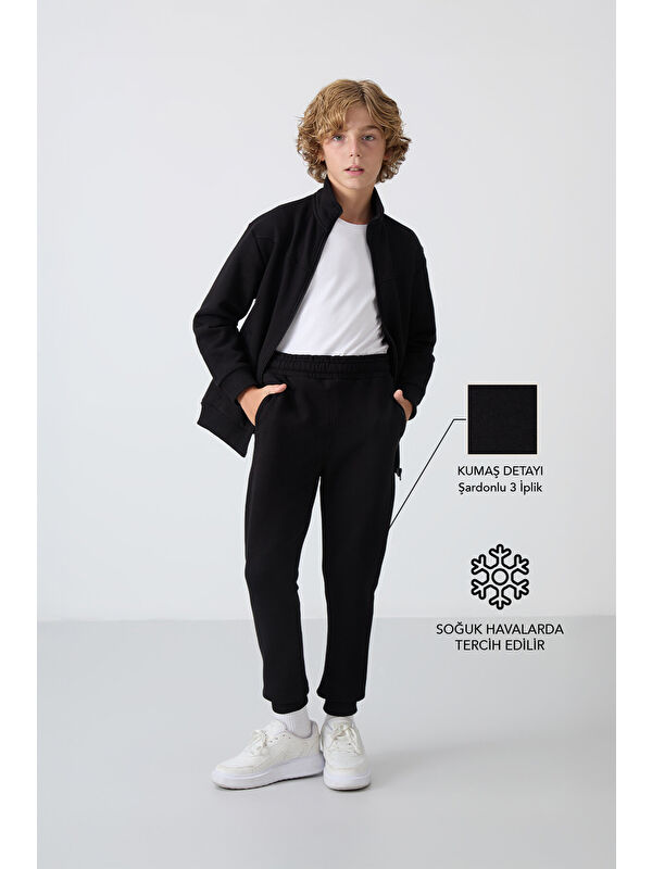 Tommylife Siyah Pamuklu Kalın İçi Tüylü Yumuşak Dokulu Standart Fit Nakışlı Erkek Çocuk Eşofman Takım - 11240