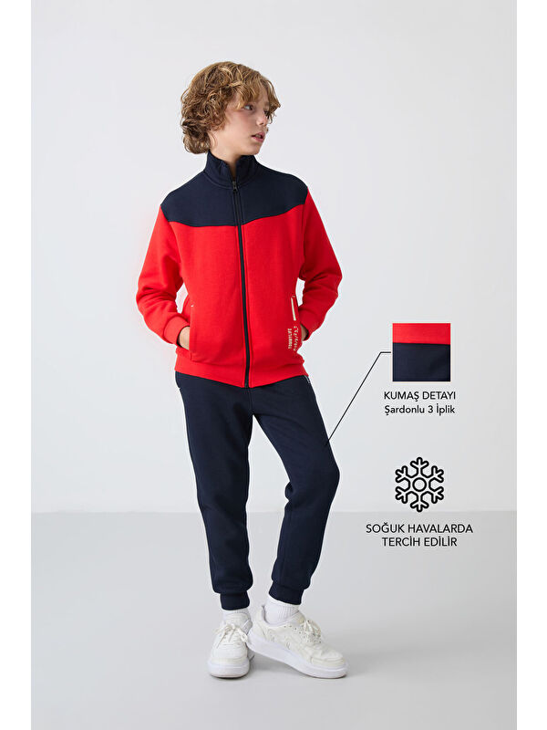 Tommylife Fiesta-Lacivert Pamuklu Kalın İçi Tüylü Yumuşak Dokulu Standart Fit Nakışlı Erkek Çocuk Eşofman Tak