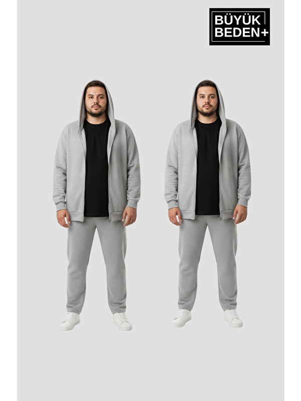 Süperlife Büyük Beden Kapüşonlu 2'li Set ince Erkek Fermuarlı Sweatshirt Hırka Rahat Kalıp SPR26BHR960+2