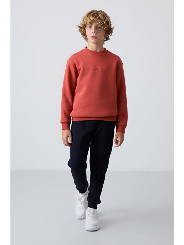 Tommylife Kiremit-Lacivert Pamuklu Kalın İçi Tüylü Yumuşak Dokulu Standart Fit Nakışlı Erkek Çocuk Eşofman Ta