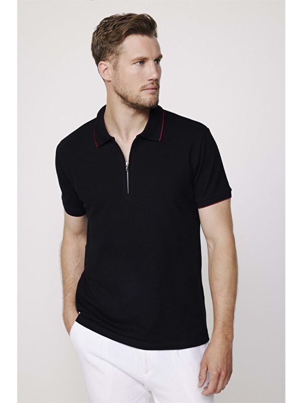 TUDORS Erkek Slim Fit Dar Kesim %100 Pamuk Düz Pike Fermuarlı Siyah Polo Yaka Tişört