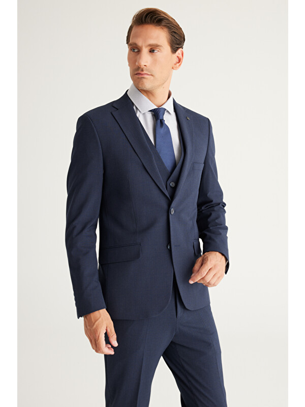 Altınyıldız Classics Erkek Koyu Lacivert Recycle Slim Fit Dar Kesim Mono Yaka Yelekli Kareli Takım Elbise