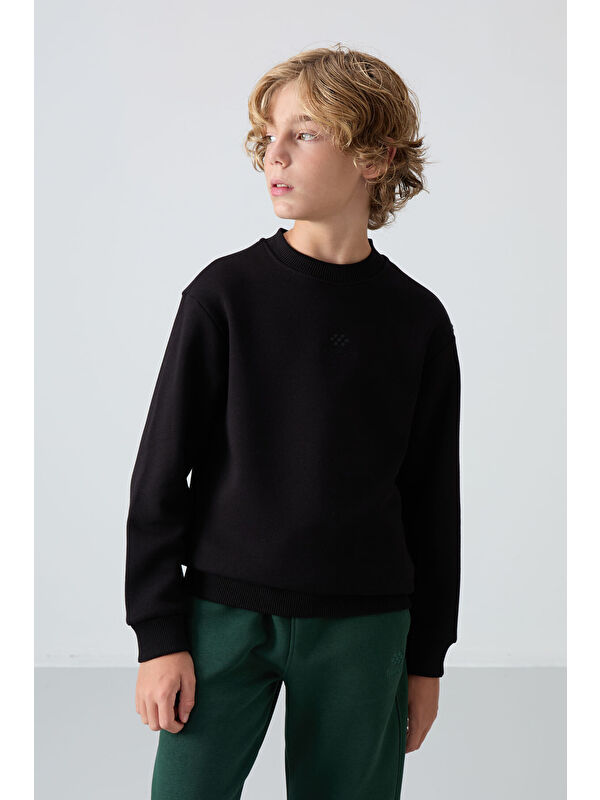 Tommylife Siyah Pamuklu Kalın İçi Tüylü Yumuşak Dokulu Standart Fit Nakışlı Erkek Çocuk Sweatshirt - 11232