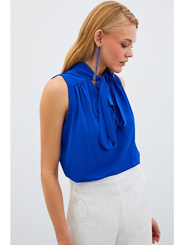 SATEEN Fularlı Kolsuz Bluz - Sax Mavi