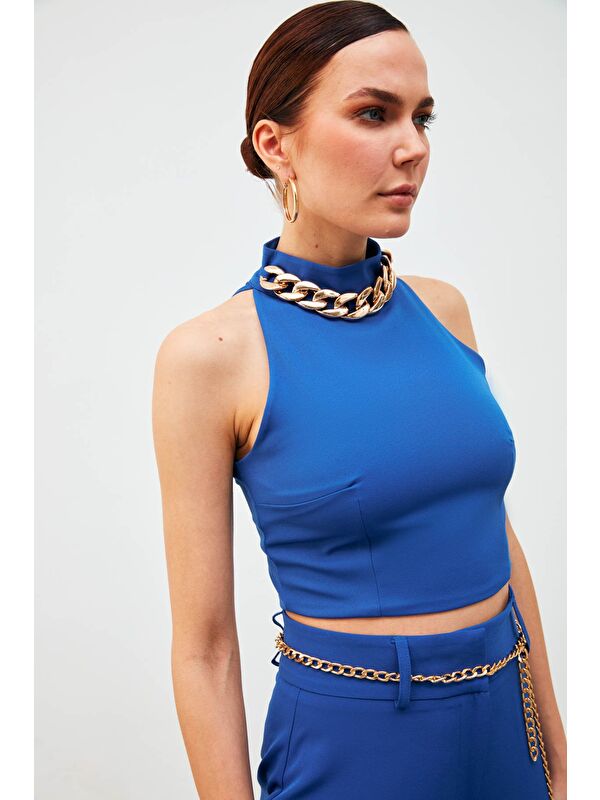 SATEEN Zincir Aksesuarlı Crop Bluz - Sax Mavi