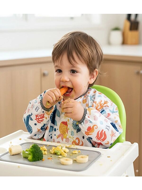 Yorni 6-24ay, Sea model, Uzun Kollu, Sıvı Geçirmez, Makinede Yıkanabilir, Bebek Çocuk Mama Önlüğü, Önlük