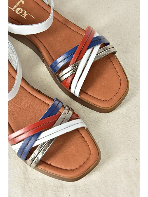 Lacivert/Beyaz/Kırmızı Hakiki Deri Günlük Kadın Sandalet M291030503 - Görsel 5